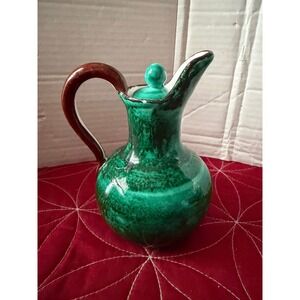 Vintage PV Italy Green Drip Glaze Ceramic Oil Cruet Pitcher Stopper 06 466